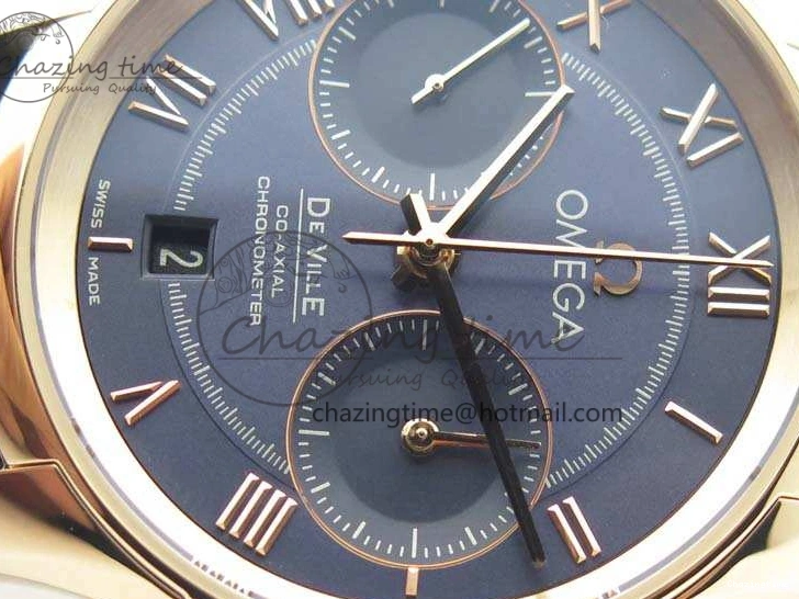 0128 QuickDry De Ville Chronograph RG OMF 1:1 Best Edition Blue Dial On Blue Leather Strap A 8107